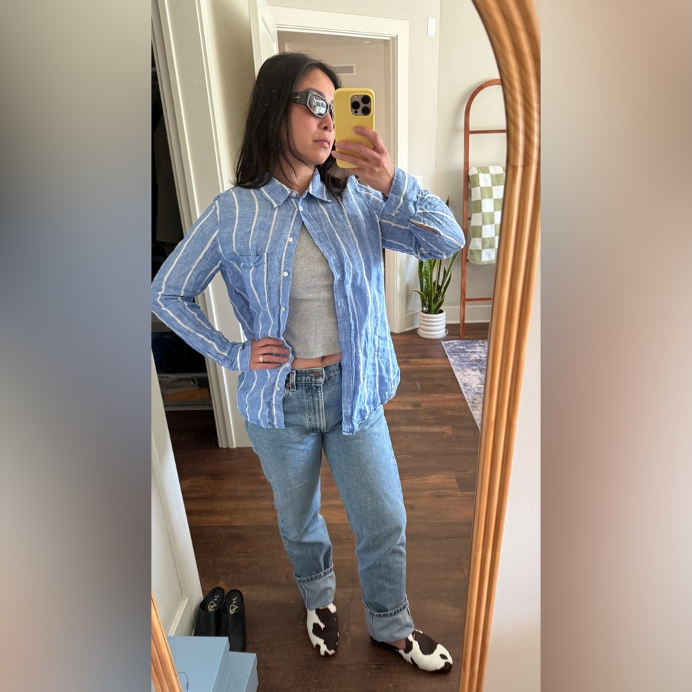 H&M Linen Blue and White Shirt sz SMALL